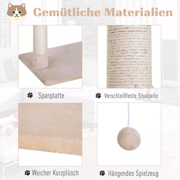 PawHut klatretræ til katte, beige, med sisalstolpe, plys hængekøje, 50x36x70 cm