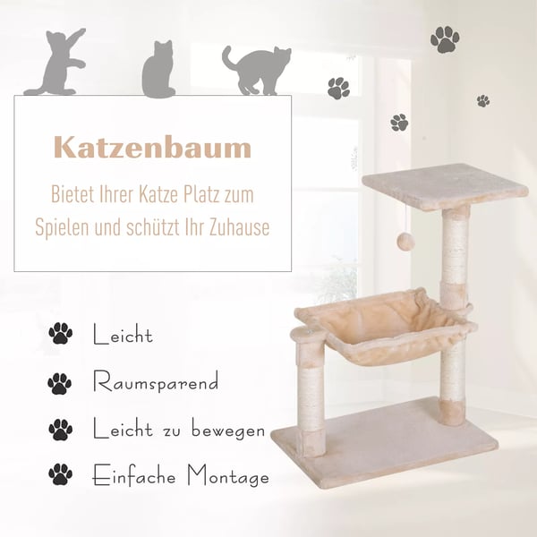 PawHut klatretræ til katte, beige, med sisalstolpe, plys hængekøje, 50x36x70 cm