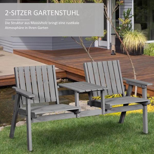 Outsunny havebænk med bord, siddegruppe, havemøbler, med parasolhul, bænk, 2 stole, massivt træ, grå, 152 x 70 x 83 cm