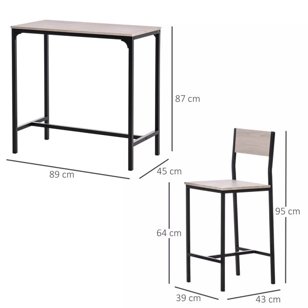 HOMCOM barbord med 2 stole, 3-delt, MDF/metal, natur/sort, 89x45x87cm