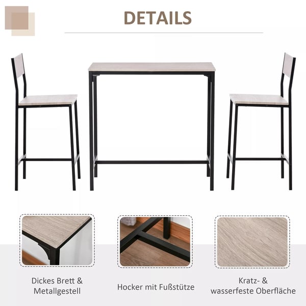 HOMCOM barbord med 2 stole, 3-delt, MDF/metal, natur/sort, 89x45x87cm