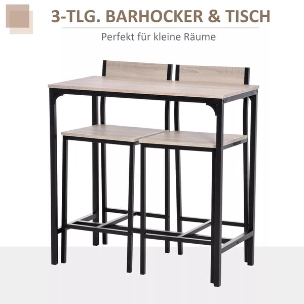 HOMCOM barbord med 2 stole, 3-delt, MDF/metal, natur/sort, 89x45x87cm