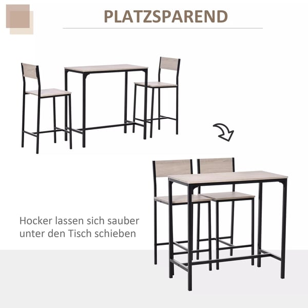 HOMCOM barbord med 2 stole, 3-delt, MDF/metal, natur/sort, 89x45x87cm