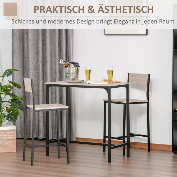 HOMCOM barbord med 2 stole, 3-delt, MDF/metal, natur/sort, 89x45x87cm