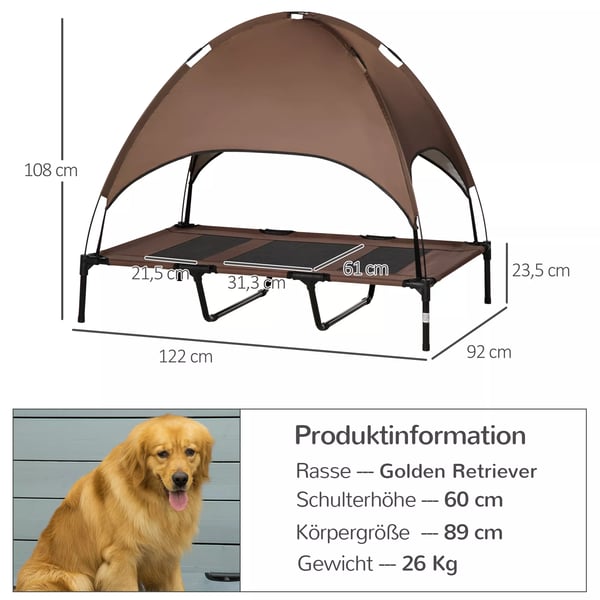 PawHut Kæledyrsseng med Baldakin - Forhøjet, Åndbar Hundeseng i Metal og Stof - Kaffe/Sort, 122x92x108 cm