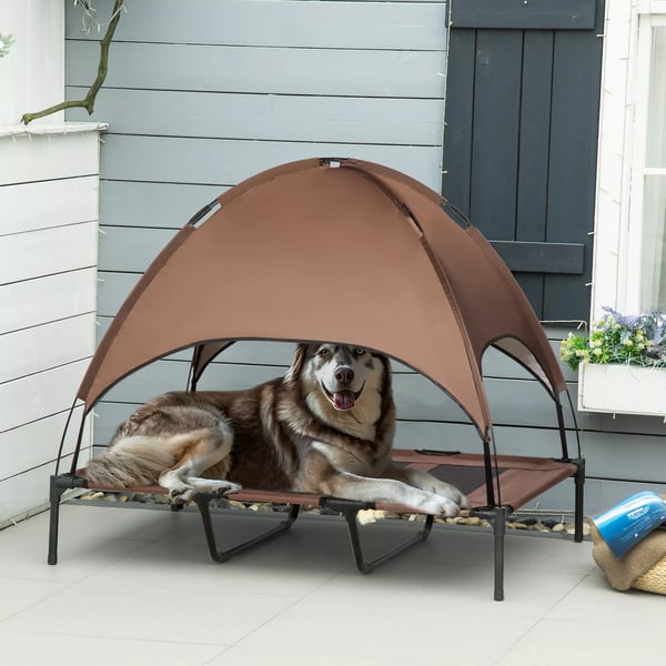 PawHut Kæledyrsseng med Baldakin - Forhøjet, Åndbar Hundeseng i Metal og Stof - Kaffe/Sort, 122x92x108 cm