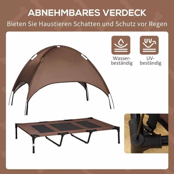 PawHut Kæledyrsseng med Baldakin - Forhøjet, Åndbar Hundeseng i Metal og Stof - Kaffe/Sort, 122x92x108 cm