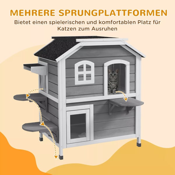 PawHut-kissanmökki asfalttikatolla, säänkestävä ulkokissanmökki portailla, 2 kerrosta, kuusipuu, harmaa, 78x55,5x91 cm