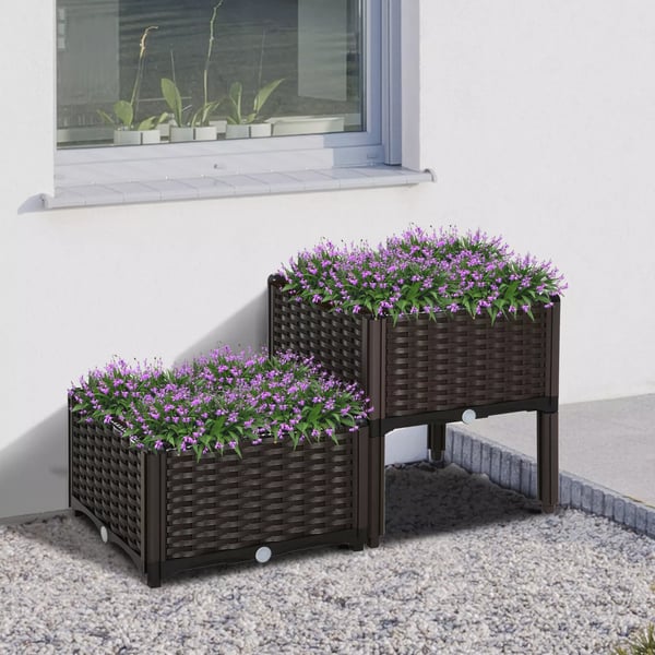 Outsunny Højbed Dobbelt Plantekasse i Rattan-look, Plast (PP), Brun, 80x40x44cm