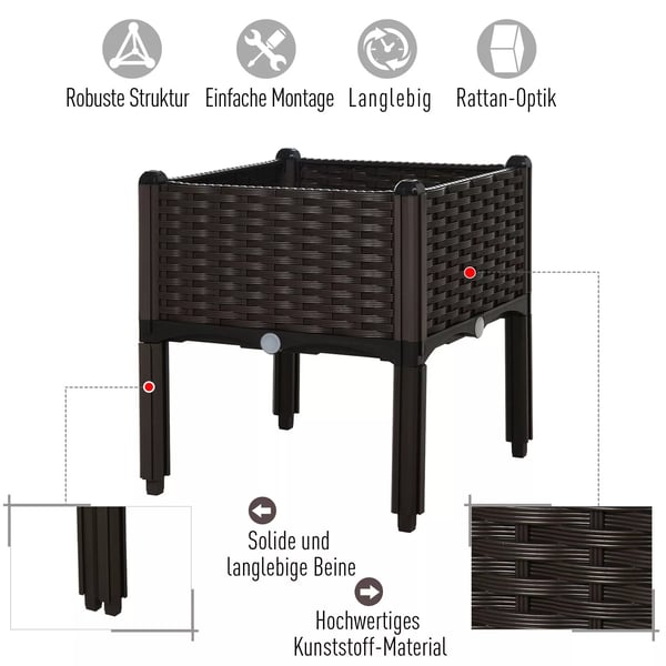 Outsunny Højbed Dobbelt Plantekasse i Rattan-look, Plast (PP), Brun, 80x40x44cm