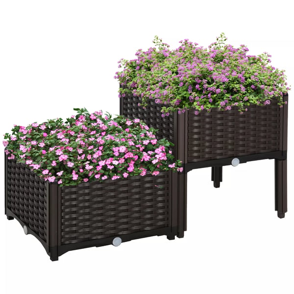 Outsunny Højbed Dobbelt Plantekasse i Rattan-look, Plast (PP), Brun, 80x40x44cm