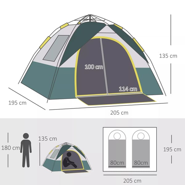 Outsunny kuppeltelt til 3 personer, polyester, grøn, 205x195x135 cm, inkl. pløkker