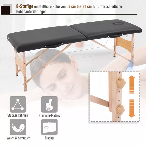 massagebriks, Bærbar massagebriks, Højdejusterbar, Kosmetikbriks, Poppeltræ, Skum, Sort, 186 x 60 x 58-81 cm