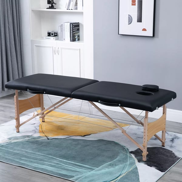 massagebriks, Bærbar massagebriks, Højdejusterbar, Kosmetikbriks, Poppeltræ, Skum, Sort, 186 x 60 x 58-81 cm
