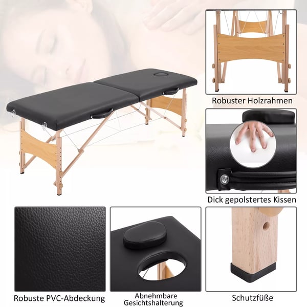 massagebriks, Bærbar massagebriks, Højdejusterbar, Kosmetikbriks, Poppeltræ, Skum, Sort, 186 x 60 x 58-81 cm