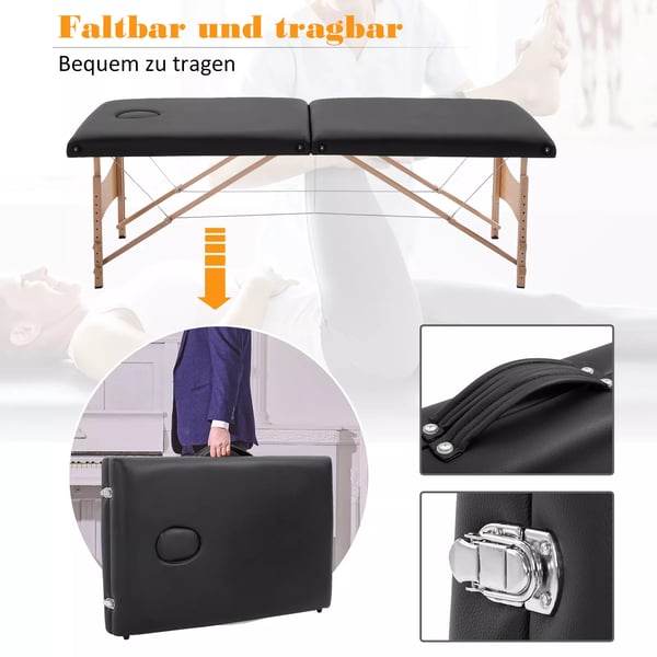 massagebriks, Bærbar massagebriks, Højdejusterbar, Kosmetikbriks, Poppeltræ, Skum, Sort, 186 x 60 x 58-81 cm