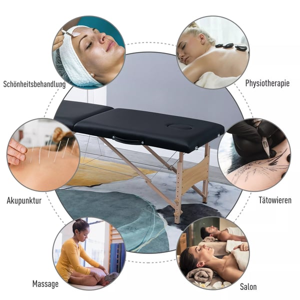 massagebriks, Bærbar massagebriks, Højdejusterbar, Kosmetikbriks, Poppeltræ, Skum, Sort, 186 x 60 x 58-81 cm