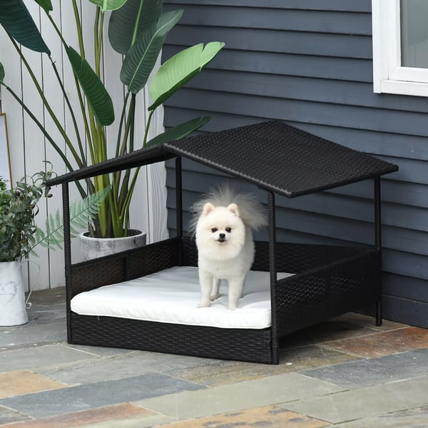 PawHut Rattan Hundehus med Pude - Vejrbestandigt PE Rattan, Kaffebrun, 98x69x73 cm