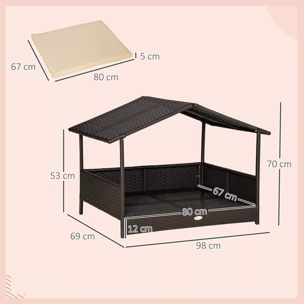 PawHut Rattan Hundehus med Pude - Vejrbestandigt PE Rattan, Kaffebrun, 98x69x73 cm