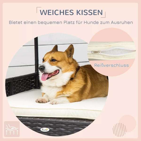 PawHut Rattan Hundehus med Pude - Vejrbestandigt PE Rattan, Kaffebrun, 98x69x73 cm