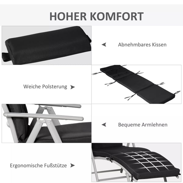 Outsunny sammenklappelig og justerbar solseng, havestol med pude, metal og stof, sort, 137x63,5x100,5 cm