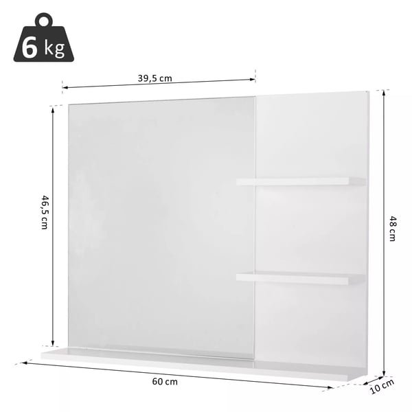 Badeværelsesspejl Vægspejl med 3 hylder, Spejlhylde til badeværelse, MDF, Hvid, 60x10x48cm