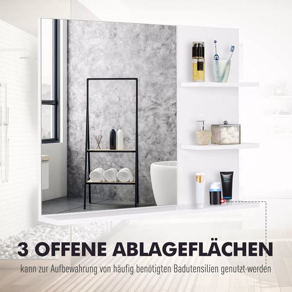 Badeværelsesspejl Vægspejl med 3 hylder, Spejlhylde til badeværelse, MDF, Hvid, 60x10x48cm