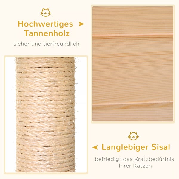 PawHut Kattehus med hængekøje, kradsetræ med sisalstolpe, gran, natur, 70x35x60cm