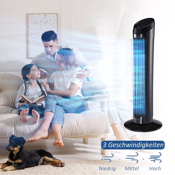 HOMCOM Gulvventilator 45 W Tårnventilator Støjsvag Ventilator 3 Ventilationshastigheder, 70° Oscillerende, ABS, Sort, Ø27 x H75 cm