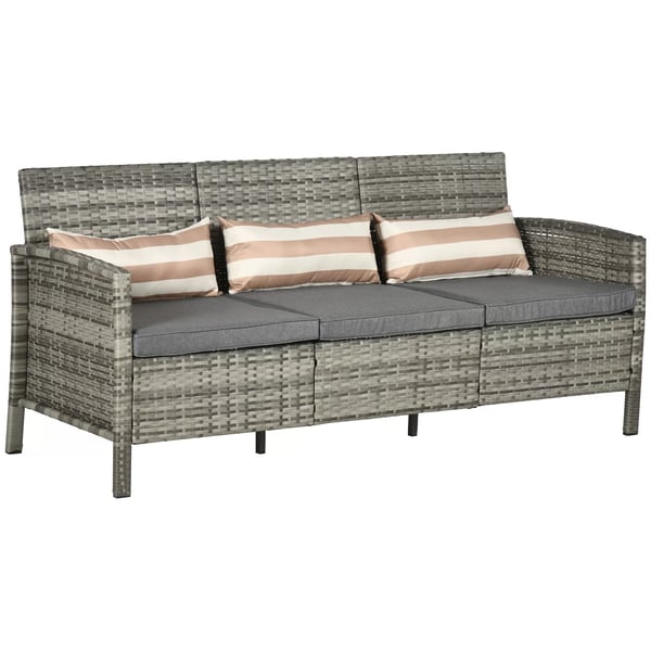 Rattan 3-personers loungesofa til haven med hynder, stål, grå, 173 x 68 x 78 cm