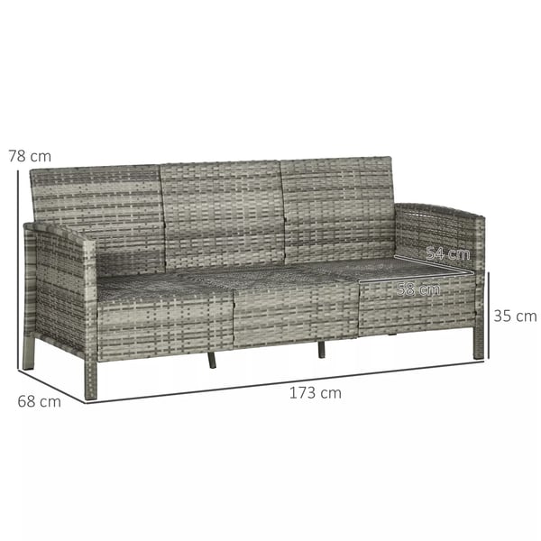 Rattan 3-personers loungesofa til haven med hynder, stål, grå, 173 x 68 x 78 cm