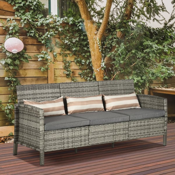 Rattan 3-personers loungesofa til haven med hynder, stål, grå, 173 x 68 x 78 cm