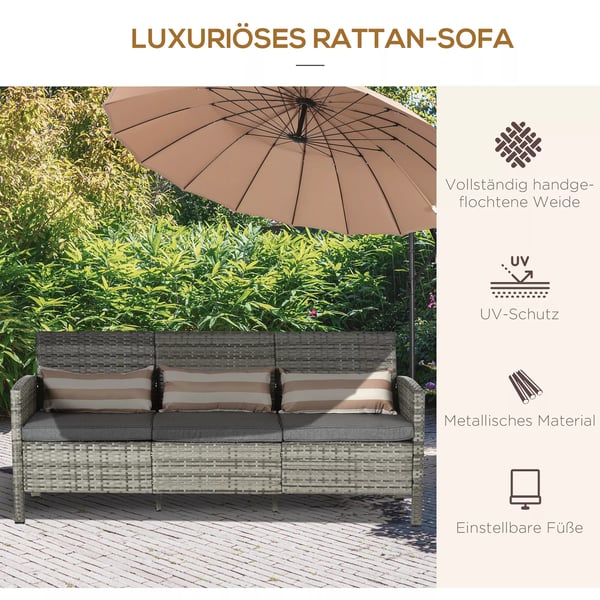 Rattan 3-personers loungesofa til haven med hynder, stål, grå, 173 x 68 x 78 cm