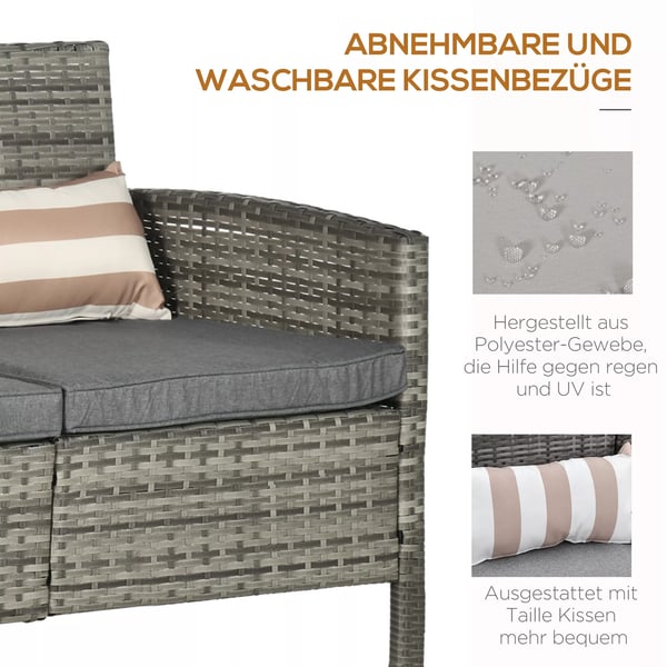 Rattan 3-personers loungesofa til haven med hynder, stål, grå, 173 x 68 x 78 cm