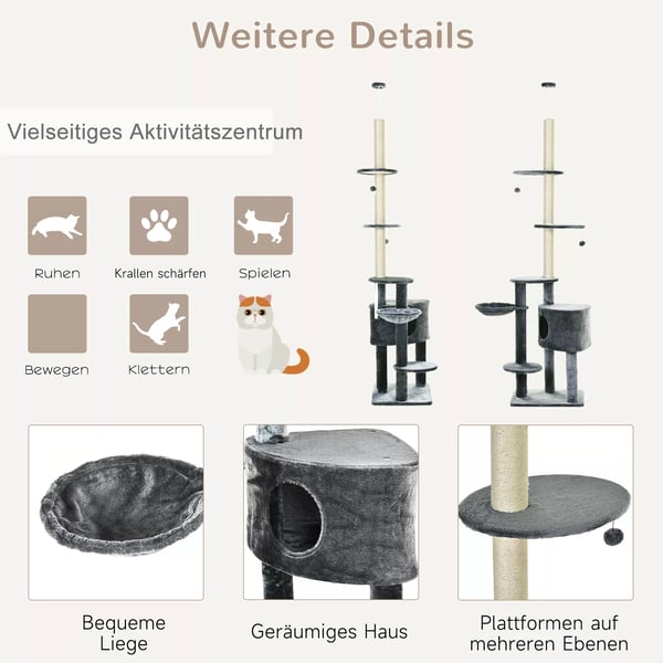 PawHut Kradsetræ til Loftet - Justerbar Højde (220-265cm) til Katte med Sisalstolper, Hyggelige Senge og Hus - Mørkegrå