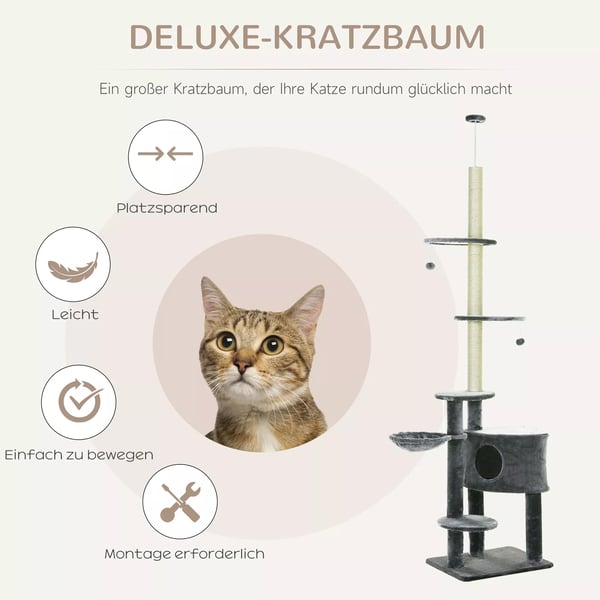 PawHut Kradsetræ til Loftet - Justerbar Højde (220-265cm) til Katte med Sisalstolper, Hyggelige Senge og Hus - Mørkegrå