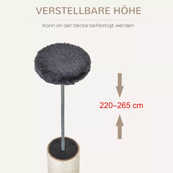 PawHut Kradsetræ til Loftet - Justerbar Højde (220-265cm) til Katte med Sisalstolper, Hyggelige Senge og Hus - Mørkegrå