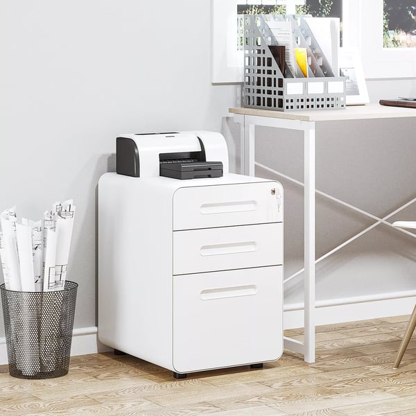 Rullcontainer Akteskåp Kontorscontainer med 3 lådor, Stål, Vit, 39x48x59cm
