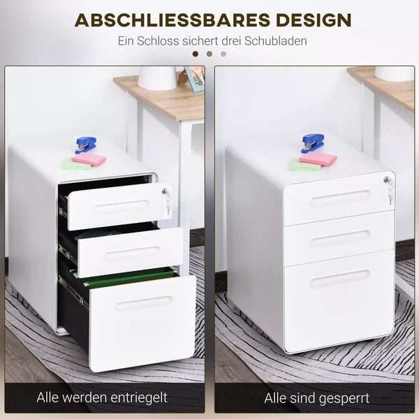 Rullcontainer Akteskåp Kontorscontainer med 3 lådor, Stål, Vit, 39x48x59cm