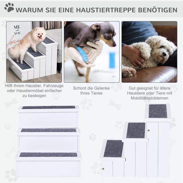 PawHut Hundetrappe til Kæledyr - Fyrretræ, Hvid, med Tæppe og Opbevaring