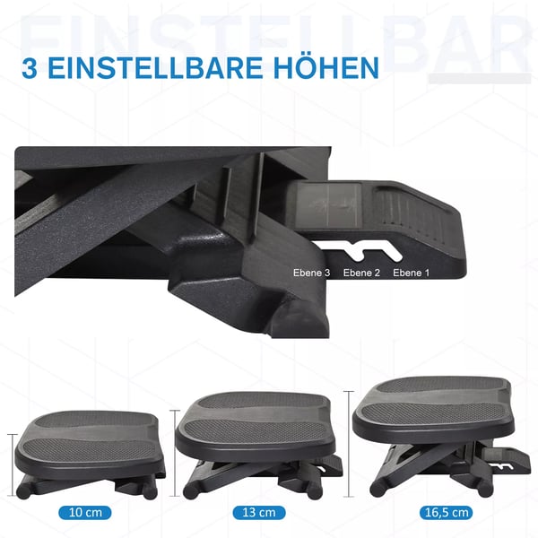 HOMCOM Justerbar Fodskammel - Sort HIPS - 3 Højder, 0-30° Vinkel - 45x34x10-16,5cm