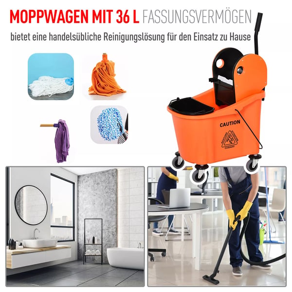 HOMCOM Siivousvaunu Pyörillä, Moppikauha Vääntölaitteella, 36L, Musta/Oranssi