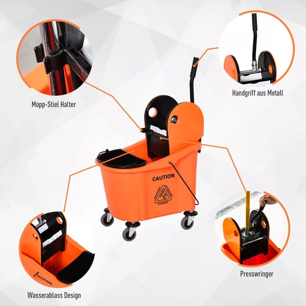 HOMCOM Siivousvaunu Pyörillä, Moppikauha Vääntölaitteella, 36L, Musta/Oranssi