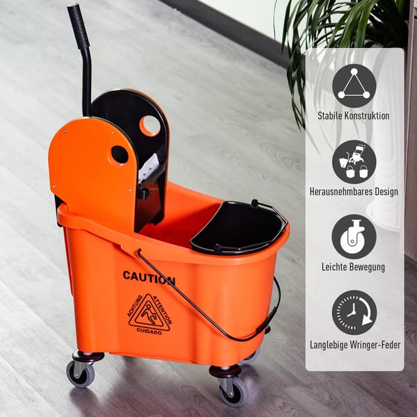 HOMCOM Siivousvaunu Pyörillä, Moppikauha Vääntölaitteella, 36L, Musta/Oranssi