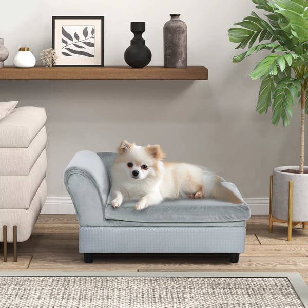 PawHut Hundesofa Plys Hvalpeseng med Opbevaring, Naturtræ, Lysegrå, 76x45x41.5cm