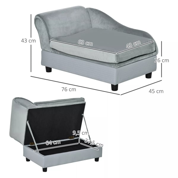 PawHut Hundesofa Plys Hvalpeseng med Opbevaring, Naturtræ, Lysegrå, 76x45x41.5cm