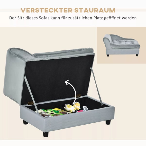 PawHut Hundesofa Plys Hvalpeseng med Opbevaring, Naturtræ, Lysegrå, 76x45x41.5cm
