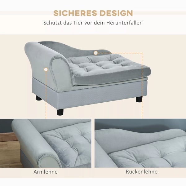 PawHut Hundesofa Plys Hvalpeseng med Opbevaring, Naturtræ, Lysegrå, 76x45x41.5cm