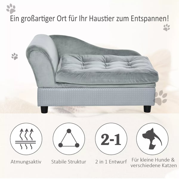 PawHut Hundesofa Plys Hvalpeseng med Opbevaring, Naturtræ, Lysegrå, 76x45x41.5cm