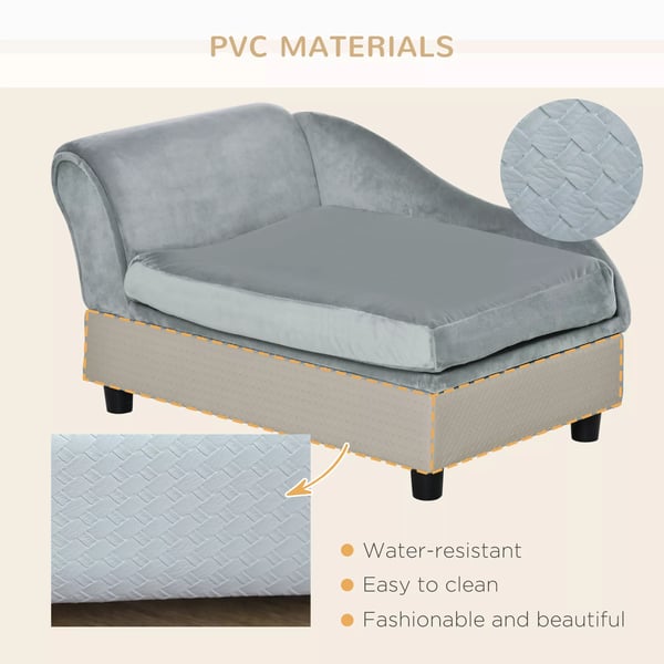 PawHut Hundesofa Plys Hvalpeseng med Opbevaring, Naturtræ, Lysegrå, 76x45x41.5cm